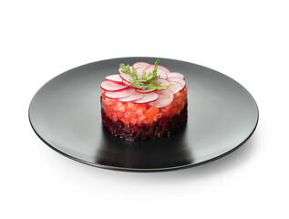 Plate of delicious tartare salad on white background