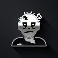 Silver Zombie mask icon isolated on black background. Happy Halloween party. Long shadow style. Vector