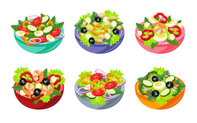 Various salads illustration set in cartoon style. Vegetable, fish and meat salad. Healthy and tasty food ideas. Dishes for keeping fit. Original salads with different ingredients. Healthy food concept