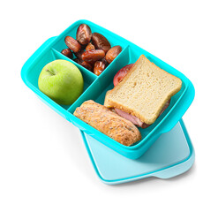 Lunchbox with tasty food on white background