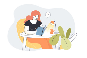 Woman writing in notebook vector illustration. Red haired female character sitting at table making notes in diary. Gentle lamp light. Writing concept for banner, website design