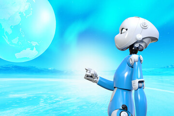 地球の見えるクリスタルな世界に佇むAI機能が搭載された知能を持つロボット