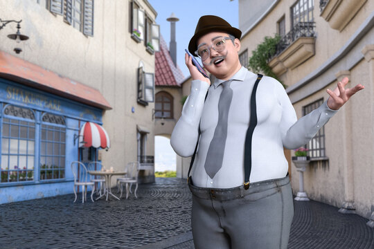ビジネスマンの太った髭の中年男性がサスペンダーのズボンで帽子と丸メガネ姿で街中で携帯電話で通話する