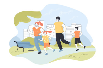 Family jogging vector illustration. Two parents, son and daughter doing sports in park. Morning run with relatives. Healthy lifestyle and marathon concept for banner, website design