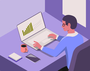 Man Working from Home. Character Sitting at Desk in Room, Looking at Laptop Screen and Talking with Colleagues Online. Stock Day Trader Scalper. Home Office Concept. Flat Isometric Illustration.