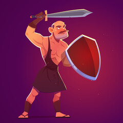 Ancient greek, spartan or roman warrior, gladiator with sword and shield. Vector cartoon illustration of antique brave man, trojan or barbarian soldier from history or mythology