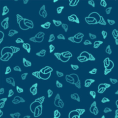 Green line Scallop sea shell icon isolated seamless pattern on blue background. Seashell sign. Vector