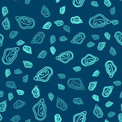 Green line Mussel icon isolated seamless pattern on blue background. Fresh delicious seafood. Vector