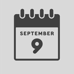Icon day date 9 September, template calendar page