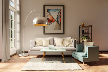 stylish minimalistic living room interior with scandinavian and industrial style decor; grey vintage sofa with teal colored coffee table and laptop; watercolor painting on the wall; 3D Illustration