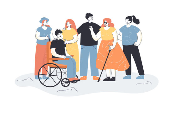 Men and women welcoming people with disabilities. Group of people meeting blind female character and male in wheelchair. People talking, smiling. Inclusion concept for banner, website design