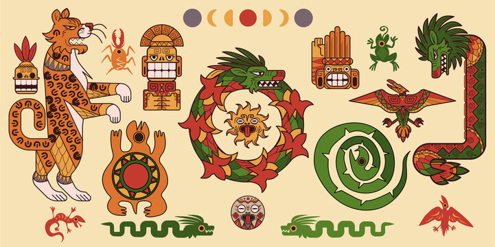 Set of Mayan or Aztec patterns, tribal mexican mesoamerican culture decorative elements, ethnic ornaments dragon, leopard, turtle, moon or sun, bug, idol with snake. Ancient civilization vector tattoo