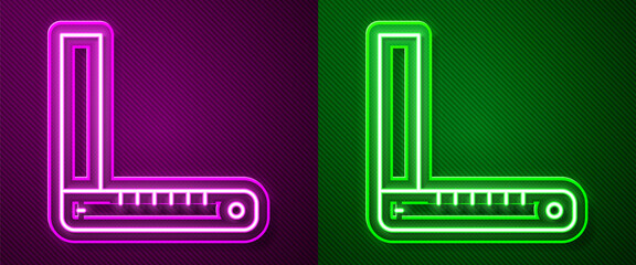 Glowing neon line Corner ruler icon isolated on purple and green background. Setsquare, angle ruler, carpentry, measuring utensil, scale. Vector