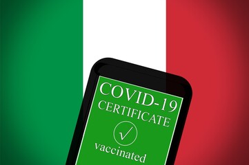 Illustration with a screen of a Smart phone showing the vaccination certificate, Italian flag as background. Concept of new way of traveling .