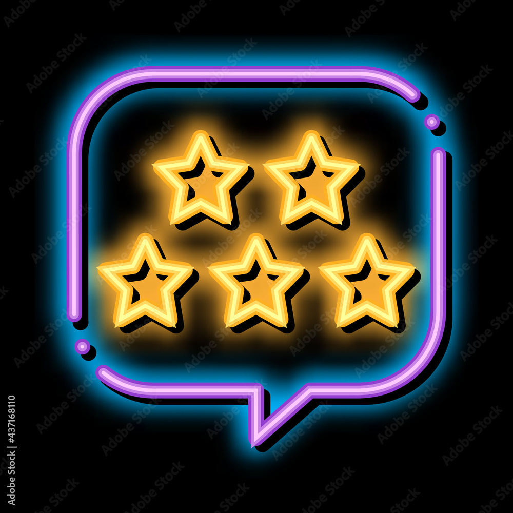 Sticker Five Stars In Text Box Frame neon light sign vector. Glowing bright icon transparent symbol illustration