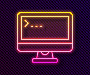 Glowing neon line Computer monitor screen icon isolated on black background. Electronic device. Front view. Vector