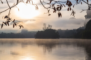 Ban Nong Thale the natural scenery of the sunshine in the morning (mountains, lakes, trees, fog) at Thailand.