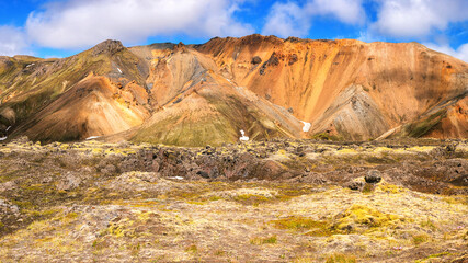 Amazing nature landscape, scenic view of Landmannalaugar colorful volcanic mountains and valley in the Fjallabak nature reserve, Iceland. Outdoor travel background