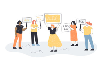 Women protesting vector illustration. Female characters holding banners with writings, shouting out slogans. Politically active people. Women fighting for rights concept for banner, website design
