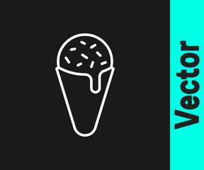 White line Ice cream in waffle cone icon isolated on black background. Sweet symbol. Vector