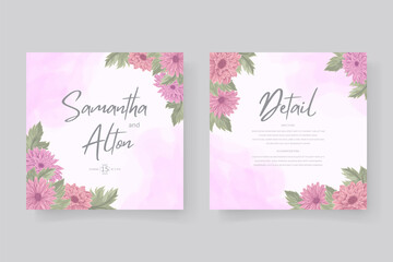 Wedding invitation design with pink chrysanthemum flower ornament
