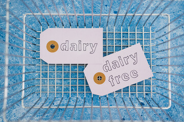 dairy vs dairy-free product tags with shopping basket, plant-based food or allergies and...
