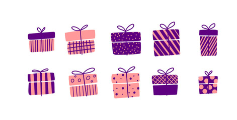 Gift boxes, presents vector icon set. Hand drawn doodle collection isolated on white. For Sale Birthday Christmas