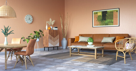 Home interior of living room with clay colored walls, 3d render