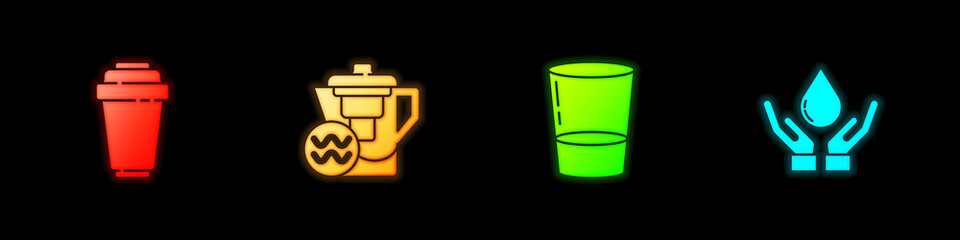 Set Water filter cartridge, jug with, Glass water and Washing hands soap icon. Vector