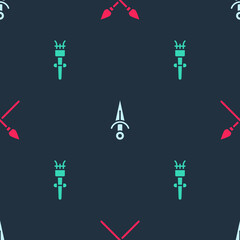 Set Crossed medieval spears, Dagger and Torch flame on seamless pattern. Vector