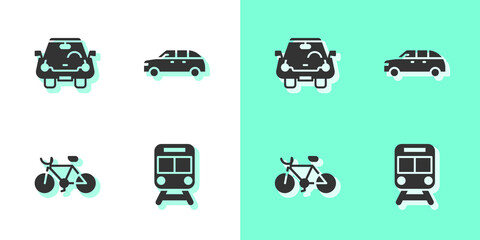 Set Train and railway, Car, Bicycle and Hatchback car icon. Vector
