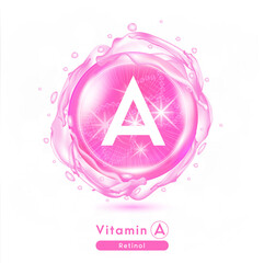 Vitamin A, Pink shining pill capsule. Vitamin complex with Chemical formula.  Meds for health ads. Beauty treatment nutrition skin care design. Vector illustration.