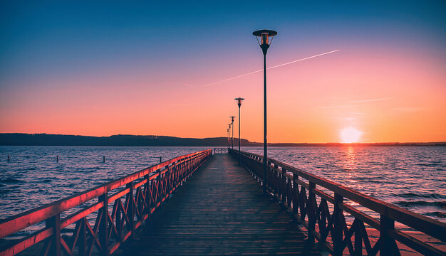 Ein kleiner Steg am Strand am wundersch&ouml;nen Zarnowitzer See im Sommer in Polen - Traumhafter Sonnenuntergang in Fluchtpunkt Perspektive