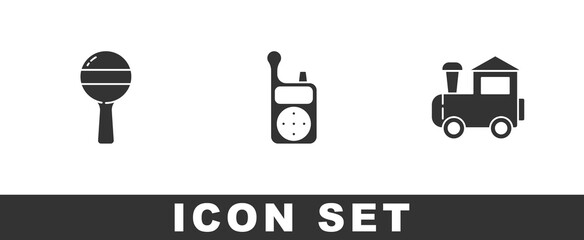 Set Rattle baby toy, Baby Monitor Walkie Talkie and Toy train icon. Vector