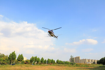 Fototapeta na wymiar Agricultural helicopters for controlling Hyphantria cunea spray pesticides over the city