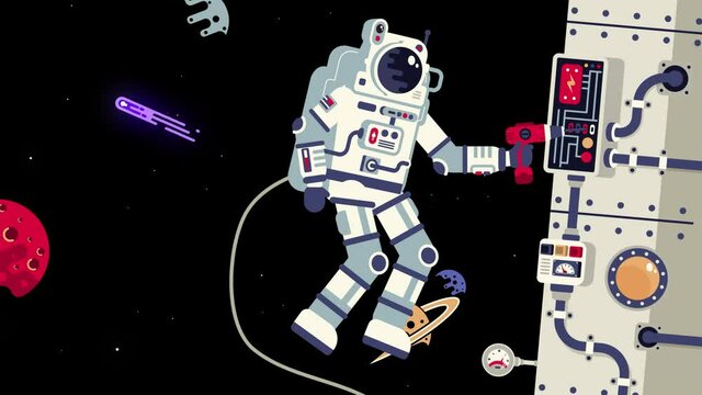 Spaceman in open space repairs a spaceship on starry background. Looped 2d animation.