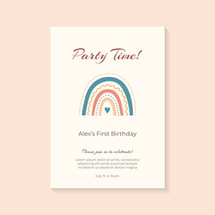 Invitation to children's birthday with boho-style rainbow.