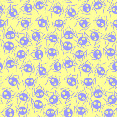 Seamless pattern of cute little spiders with eyes. Halloween vector backgrounds and textures. Isolated, hand drawn illustration