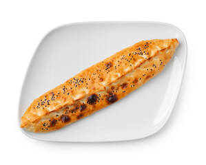 Turkish boat-shaped flatbread pide isolated on white