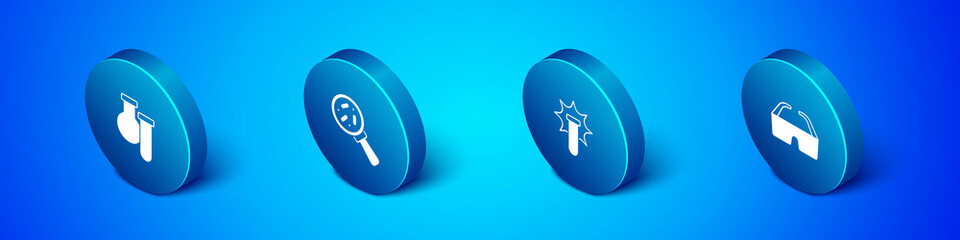 Set Isometric Test tube and flask, Chemical explosion, Safety goggle glasses and Microorganisms under magnifier icon. Vector