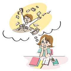 お金持ちになる想像をする女性