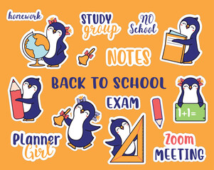 The set of stickers for Back to school. Hand-drawn collection of animals and school quotes. The penguins and phrase is a vector illustration