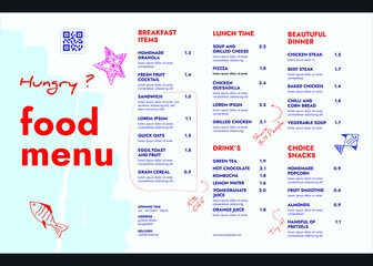 Restaurant cafe menu, template design.
Tabloid size one page food menu template.