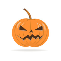 Halloween pumpkin with scary face on white, happy lantern, vector illustration
