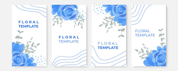 Blue flower and floral abstract background with post and stories social media template. Set of blue rose floral watercolor template on white background. Luxury blue leaves floral watercolor background