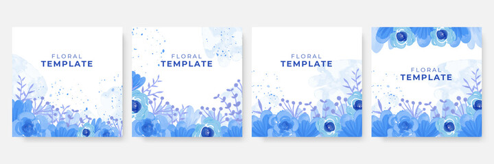 Blue flower and floral abstract background with post and stories social media template. Set of blue rose floral watercolor template on white background. Luxury blue leaves floral watercolor background