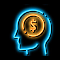 Dollar Coin Money In Man Silhouette Mind neon light sign vector. Glowing bright icon transparent symbol illustration