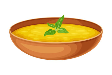 Dal Tadka or Thick Soup of Lentil as Indian Dish and Main Course Served in Bowl and Garnished with Herb Closeup Vector Illustration