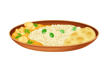 Steamed Rice with Curry Cauliflower as Indian Dish and Main Course Served on Plate and Garnished with Herbs Closeup Vector Illustration