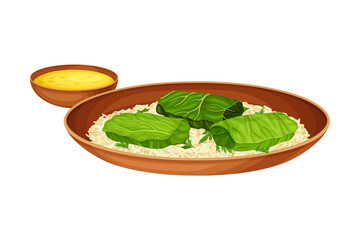 Rice with Meat Stuffing Wrapped in Green Leaves as Indian Dish and Main Course Served on Plate and Garnished with Herbs Closeup Vector Illustration